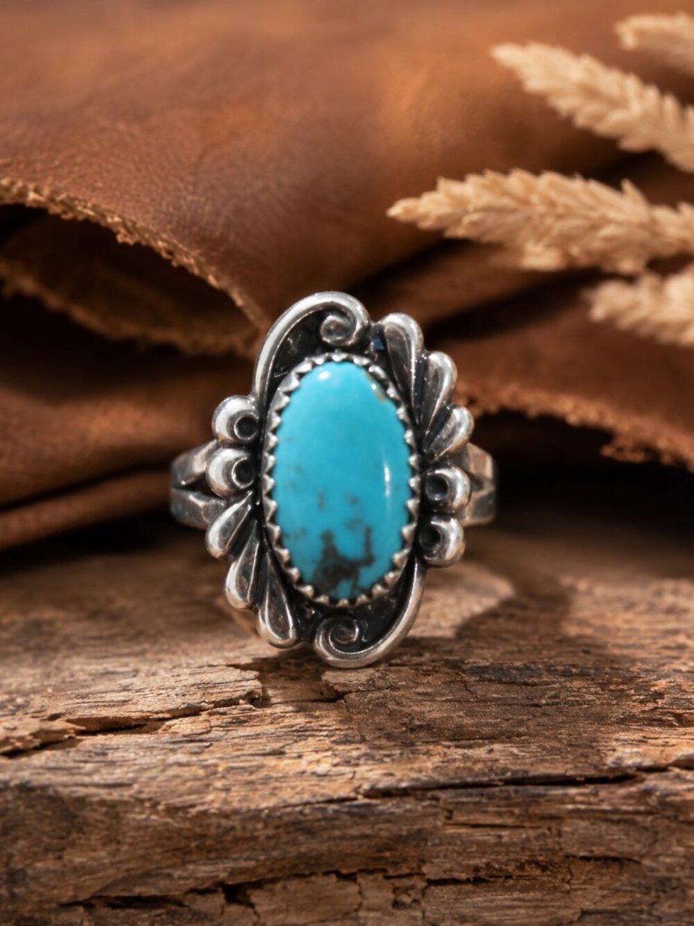 Vintage Turquoise Sterling Silver Ring Oval Floral Southwestern Boho
